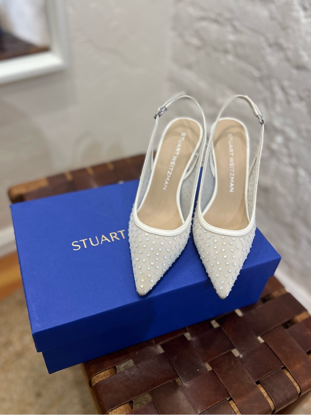 Stuart Weitzman Emilia Mesh 100 Slingback in White and Frosted White